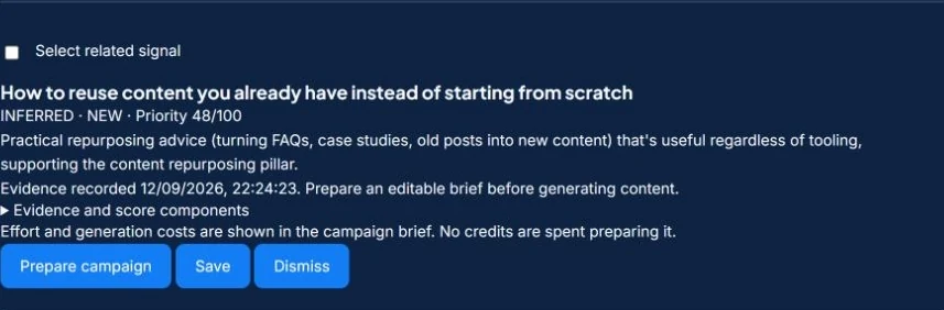 Prioritised content opportunities in the PostMy.Social workspace